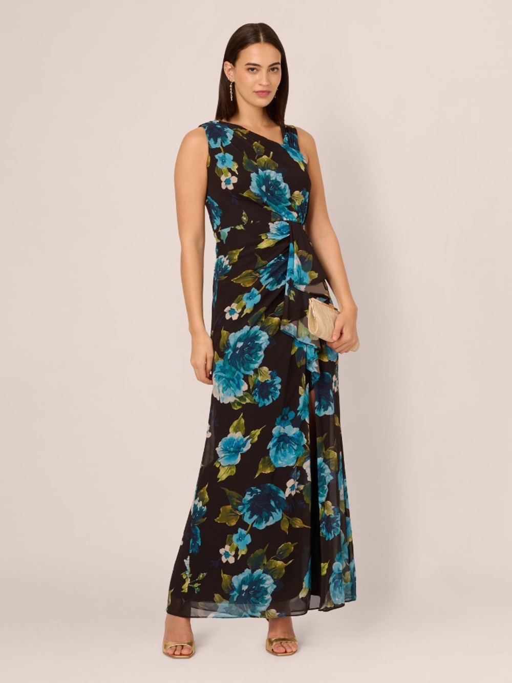 Adrianna Papell Asymmetrical Draped Floral Chiffon Gown In Black Multi Size 2Bla